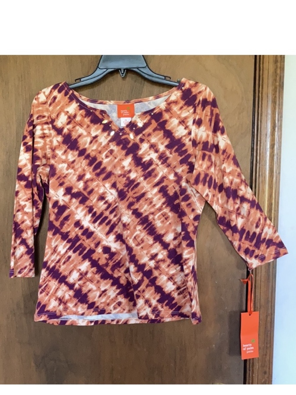 hearts of palm tie dye print top embellished neckline casual office shirt PS